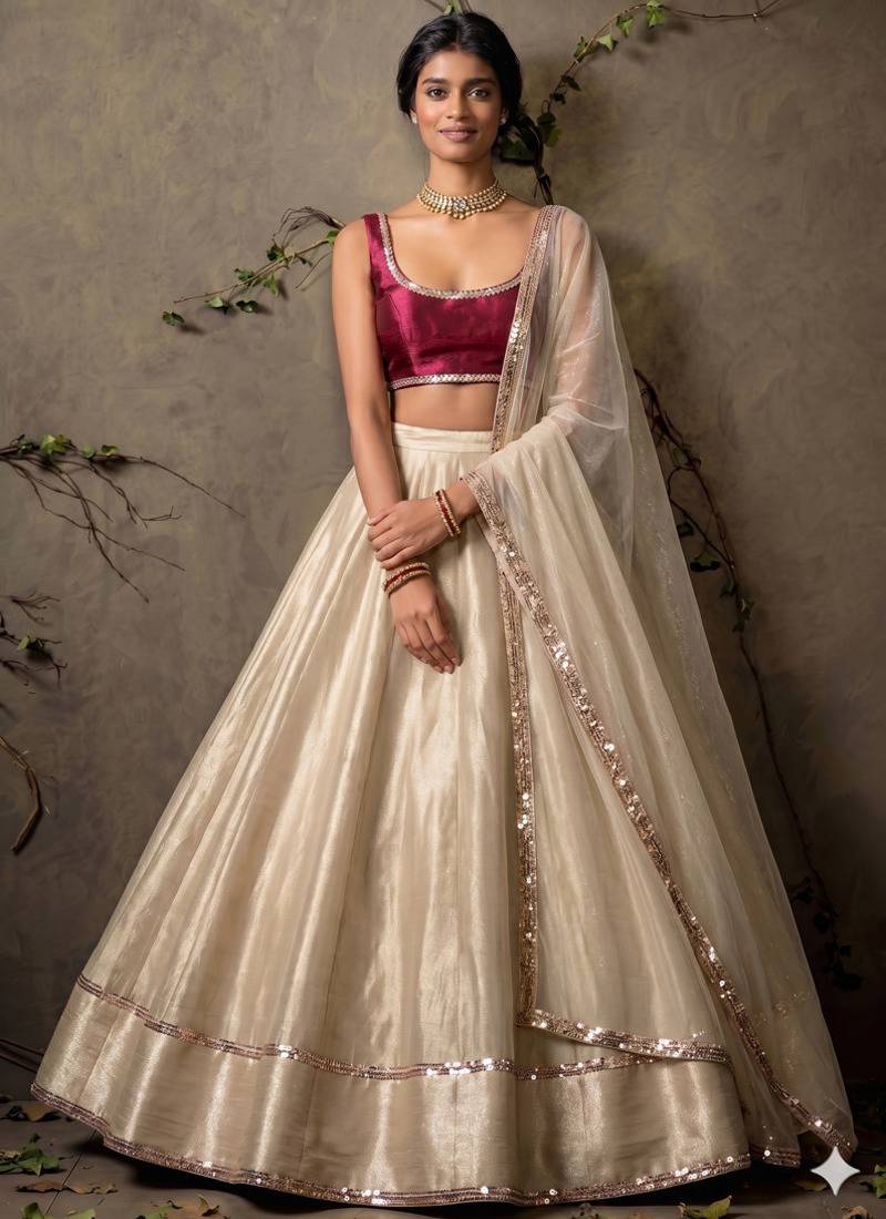 Cream with Sequins border Circuler Lehenga with Scoop Neck Blouse