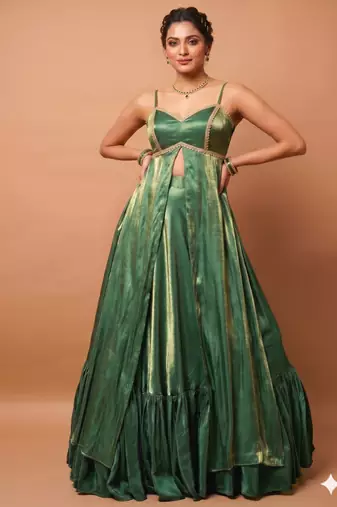 green anarkali lehenga with sweetheart neck blouse
