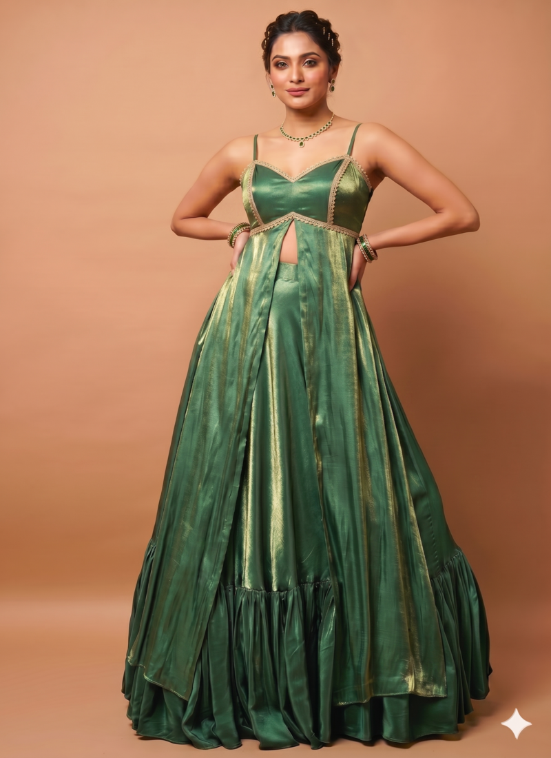 Green A Line Lehenga with Sweetheart Neck Blouse