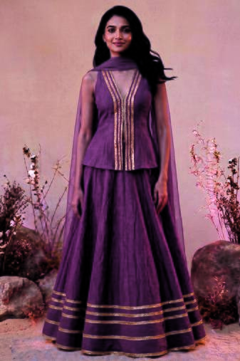 purple lace work traditional lehenga with deep v neck long blouse
