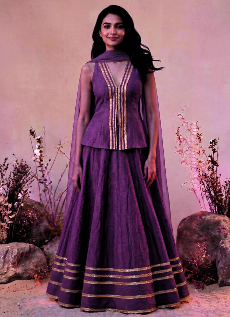 Purple Lase Work Circular Lehenga with Deep V Neck long Blouse