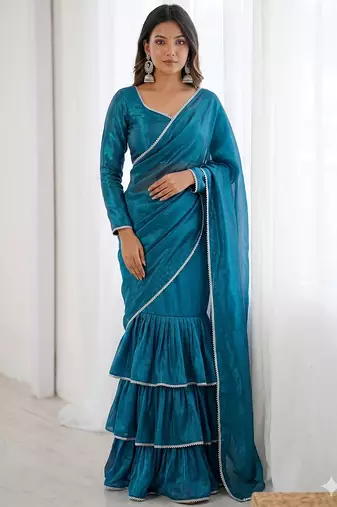 blue mermaid cut lehenga with v neck blouse