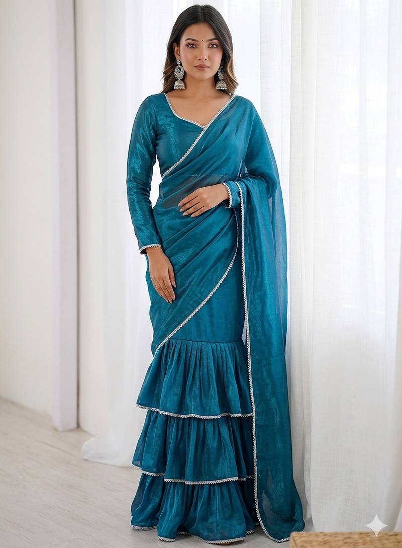 Blue Mermaid Cut  Lehenga with V Neck Blouse