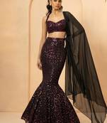 red and black sequin mermaid cut partywear lehenga with sweetheart neck blouse