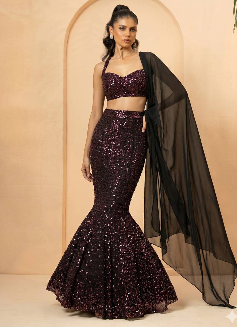 Red and black  Sequin Mermaid Cut Lehenga with Sweetheart Neck Blouse