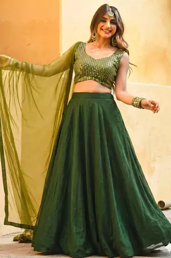 green sequins work circular lehenga with sweetheart neck blouse