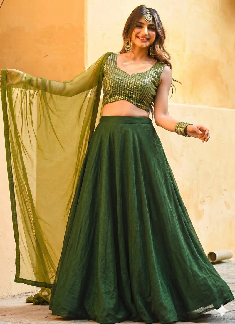 Green Sequins Work Circular Lehenga with Sweetheart Neck Blouse