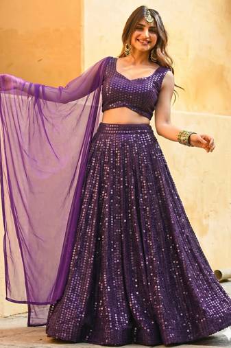 Purple Sequins Work Circular Lehenga with Sweetheart Neck Blouse