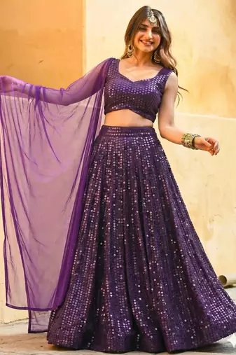 purple sequins work partywear lehenga with sweetheart neck blouse