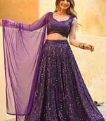 purple sequins work partywear lehenga with sweetheart neck blouse
