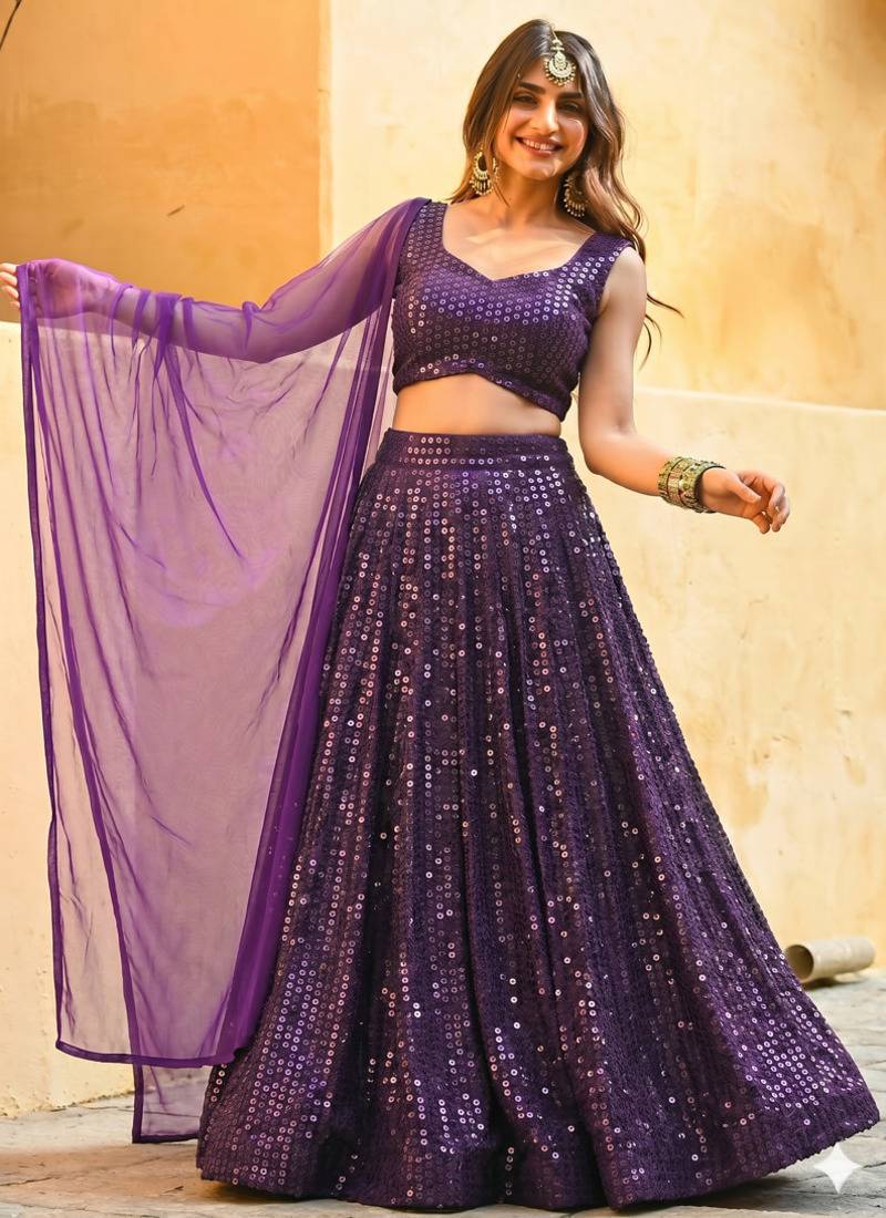 Purple Sequins Work Circular Lehenga with Sweetheart Neck Blouse