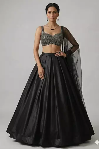 black partywear lehenga with sweetheart neck blouse
