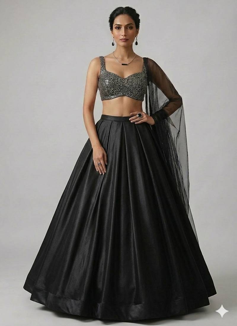 Black Circular Lehenga with Sweetheart Neck Blouse