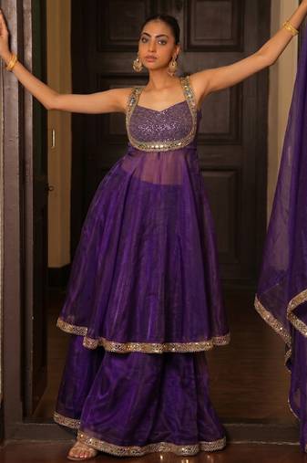 Purple Lace Work A Line Lehenga with round Neck Blouse