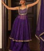 purple lace work wedding lehenga with round neck blouse