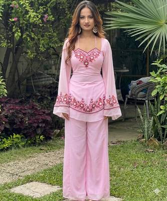 Baby pink faux georgette embroidered palazzo set 5