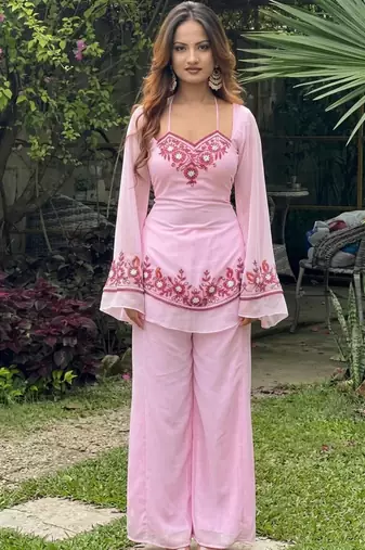 Baby pink faux georgette embroidered palazzo set