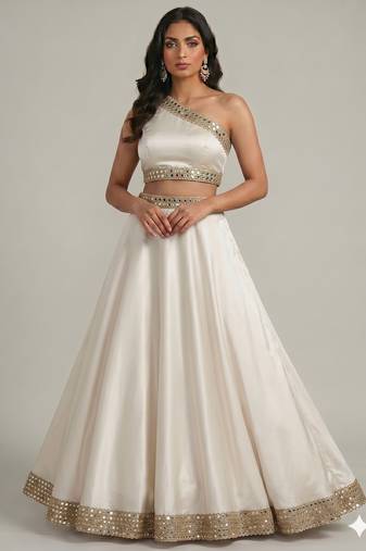 white lace work partywear lehenga with one shoulder neck blouse