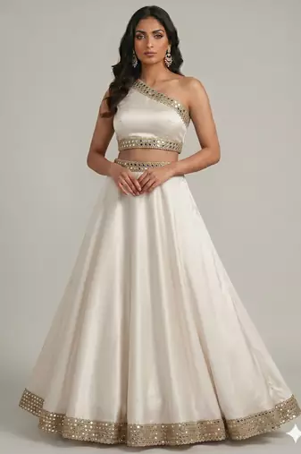 white lace work partywear lehenga with one shoulder neck blouse