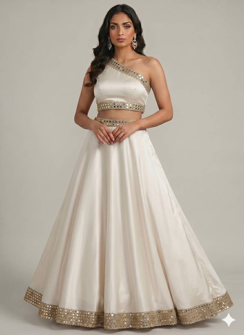 White Lace Work Circular Lehenga with One Shoulder Neck Blouse
