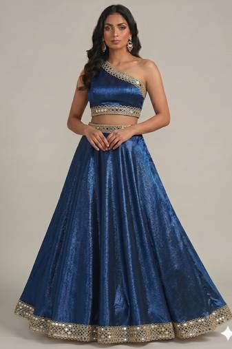 blue lace work partywear lehenga with one shoulder neck blouse