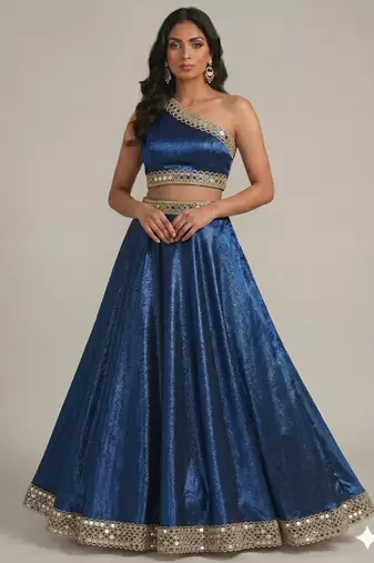 blue lace work circular lehenga with one shoulder neck blouse