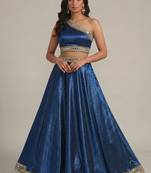 Blue Lace Work Circular Lehenga with One Shoulder Neck Blouse