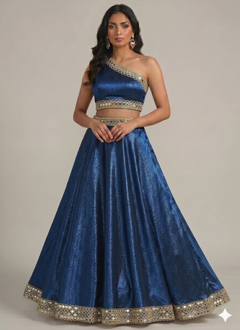 Blue Lace Work Circular Lehenga with One Shoulder Neck Blouse