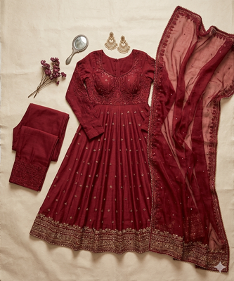 Red silk blend embroidered gown set 5