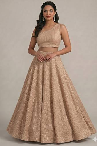 beige lurex bridesmaid lehenga with one shoulder neck blouse