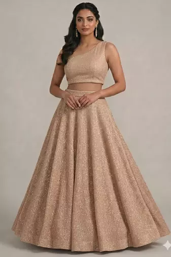 beige lurex bridesmaid lehenga with one shoulder neck blouse