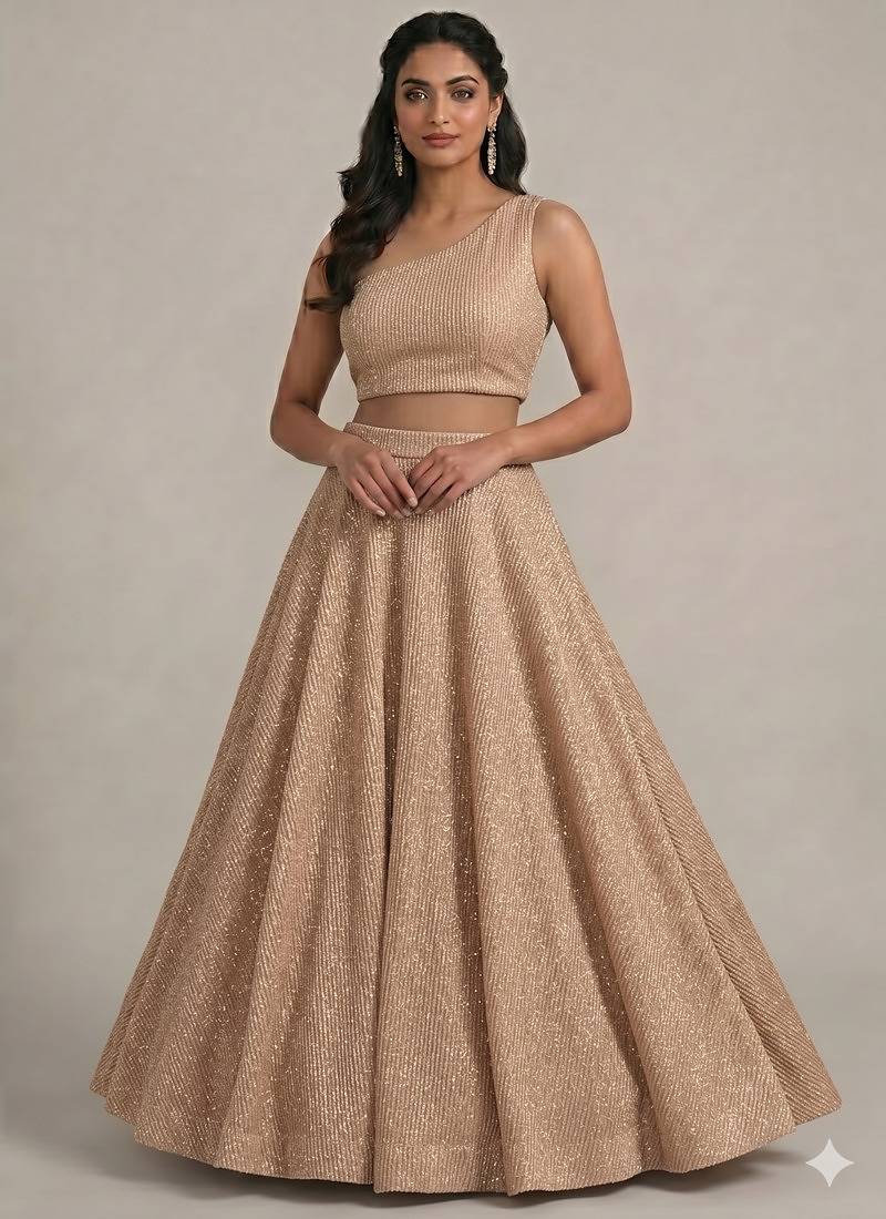 Beige Lurex Circular Lehenga with One Shoulder Neck Blouse