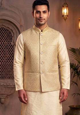 Men   s elegant golden jacquard nehru jacket festive & wedding wear 5
