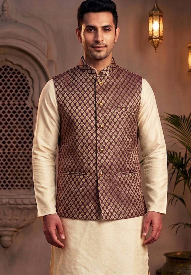 Men   s maroon & gold jacquard nehru jacket wedding & festive wear