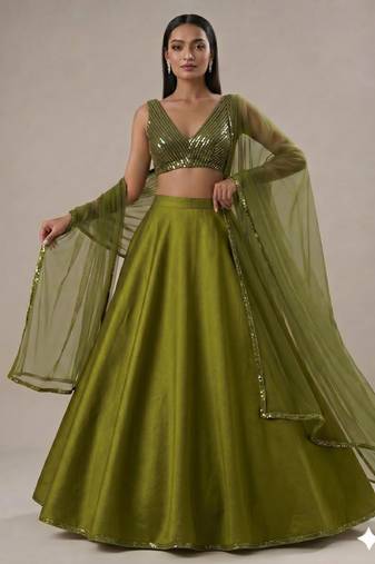 green bridesmaid lehenga with v neck blouse
