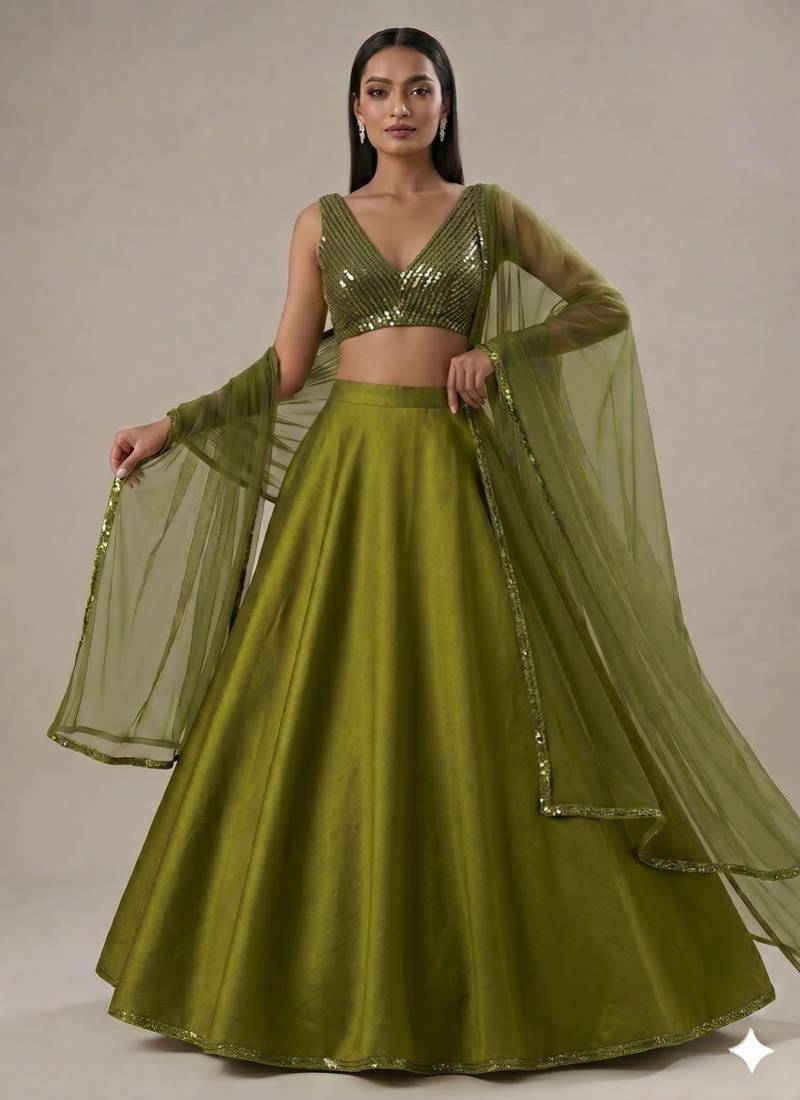 Green Circular Lehenga with V Neck Blouse
