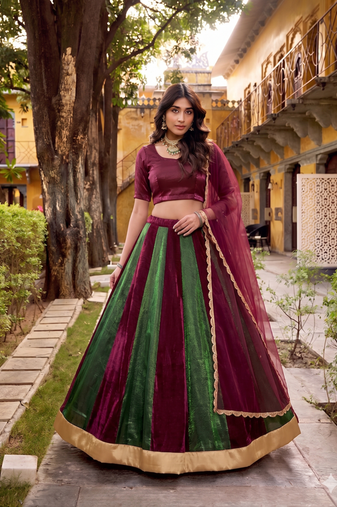 green and maroon  traditional kali  lehenga with lace work