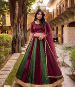 green and maroon  traditional kali  lehenga with lace work