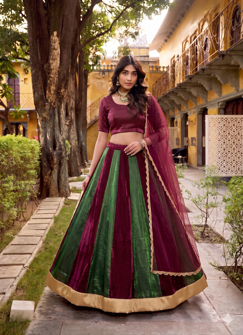 Green & Maroon Petals With Lace Work Circular Lehenga with Round Neck Blouse