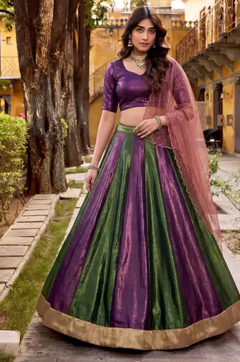 purple and green kali  traditional kali  lehenga with lace work