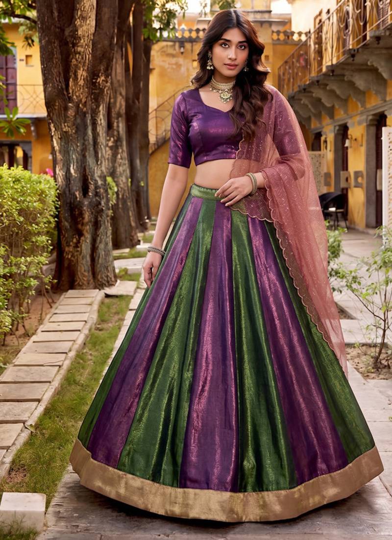Purple & Green Petals With Lace Work Circular Lehenga with V Neck Blouse