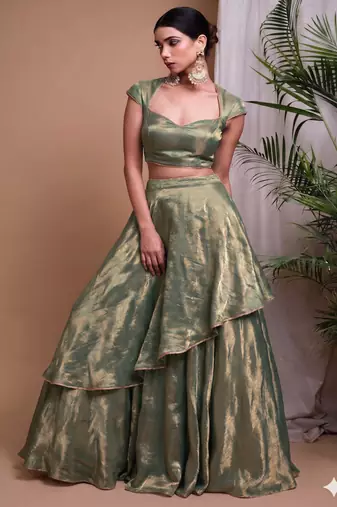 green draped lehenga with sweetheart neck blouse