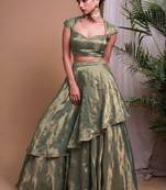 green draped partywear lehenga with sweetheart neck blouse