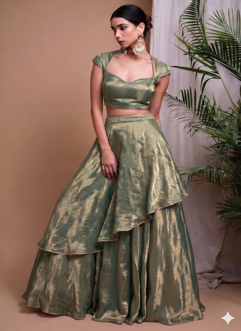 Green Draped Lehenga with Sweetheart Neck Blouse