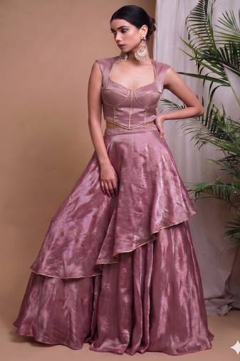 pink draped partywear lehenga with sweetheart neck blouse