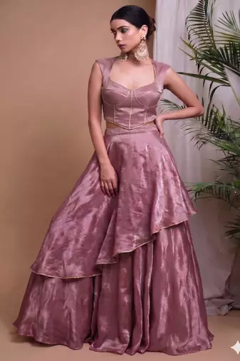pink draped partywear lehenga with sweetheart neck blouse
