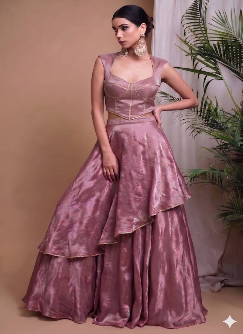 Pink Draped Lehenga with Sweetheart Neck Blouse