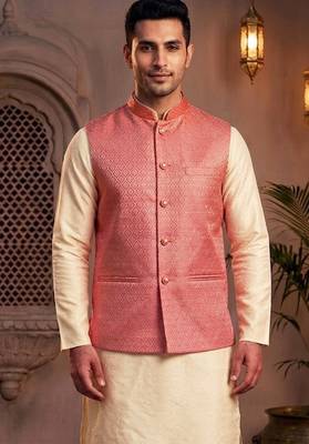 Men   s coral pink jacquard nehru jacket festive & wedding ethnic wear 5