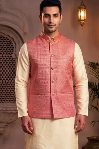 Men   s coral pink jacquard nehru jacket festive & wedding ethnic wear