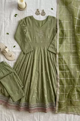 Green silk blend embroidered anarkali suit set